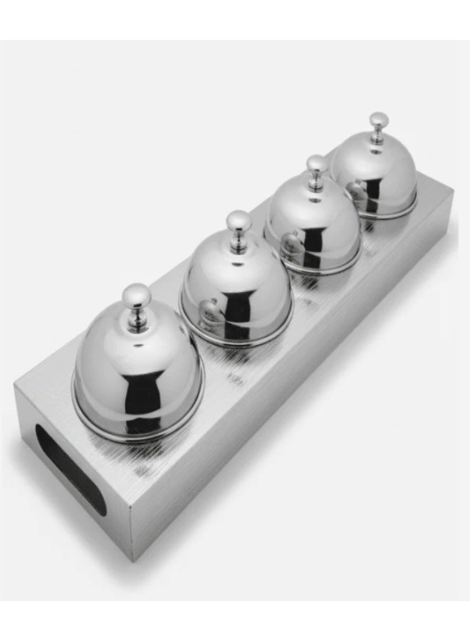 أي كي دي سي طقم أوعية حلوى AKDC مع حامل (4 قطع) - معدن فاخر بلمسة نهائية فضية، طقم تقديم مزخرف كامل، 51 × 14 × 10 سم - Image 1